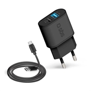 Zidni punjač SBS + kabal za punjenje USB-A na USB-C, 2 ulaza, 10 W, crni