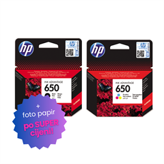 Komplet tinta HP nr.650 (BK + CMY), original + foto papir po SUPER cijeni