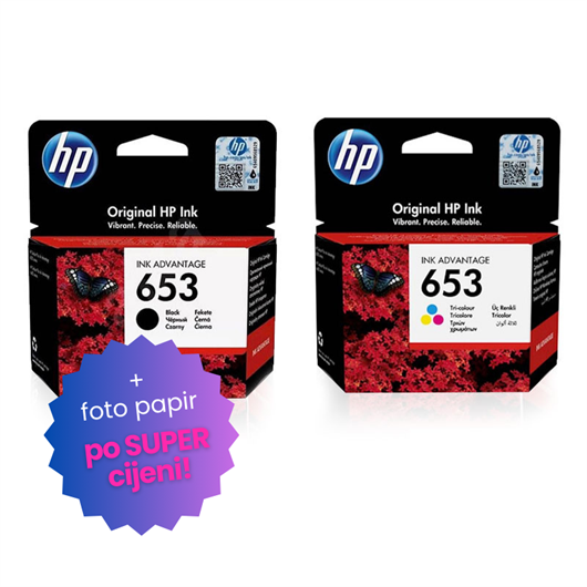 Komplet tinta HP nr.653 (BK + CMY), original + foto papir po SUPER cijeni